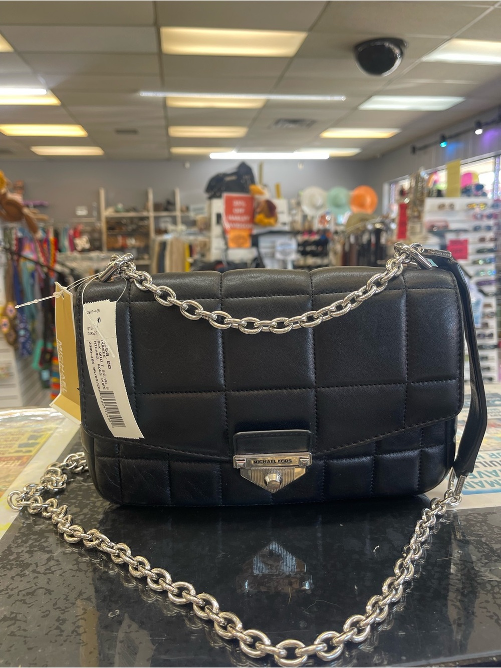 Michael Kors Black Quilted Leather Crossbody with Silver Chain
